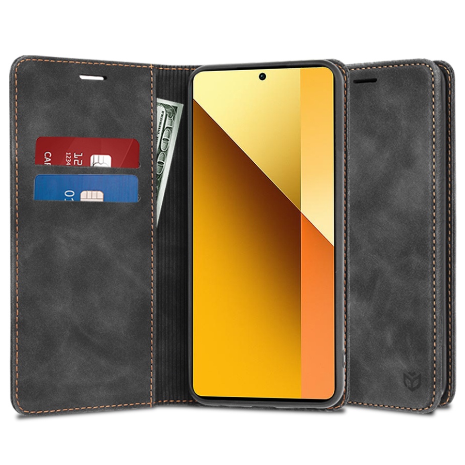 Husa pentru Xiaomi Redmi Note 13 5G, SKYDDAR INNOVATION, Soft Wallet, tip Carte din piele Eco Premium, cu Portofel Interior, Negru, set cu sticker