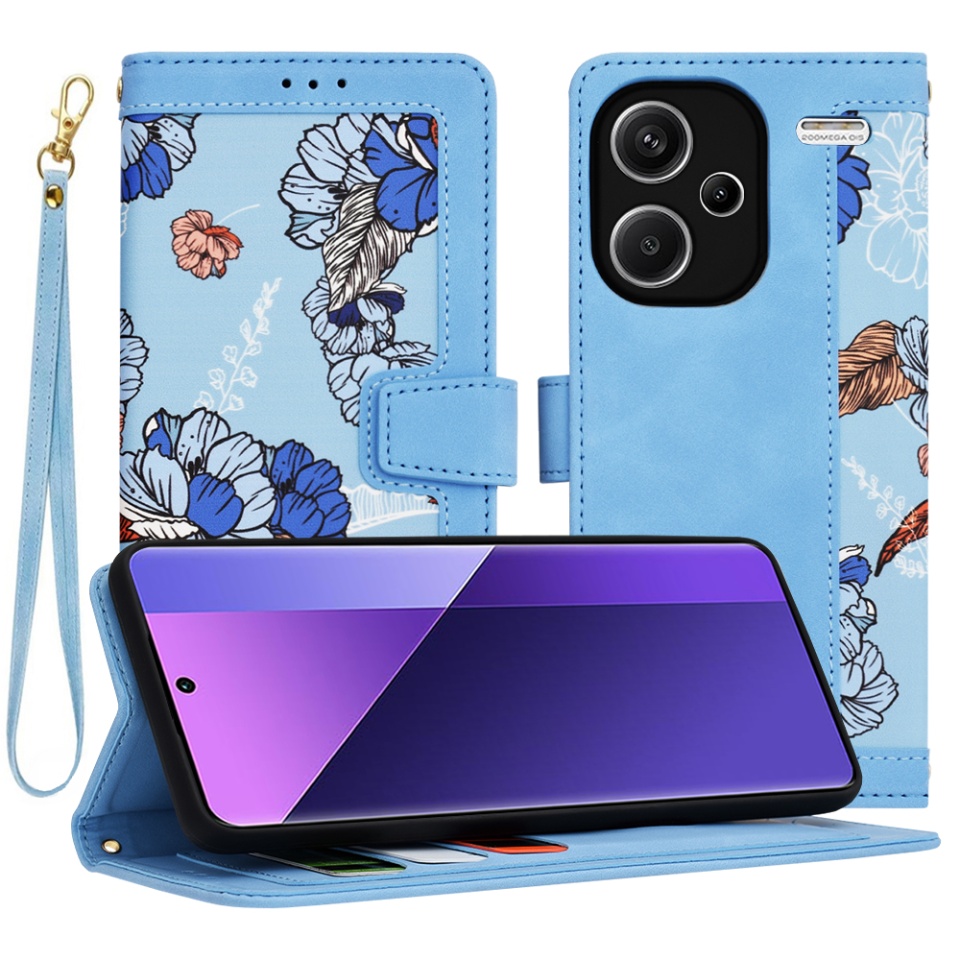 Husa pentru Xiaomi Redmi Note 13 Pro+ 5G din Piele Ecologică cu Design Floral, Protecție 360°, Stand Integrat, Buzunare pentru Carduri, SKDR Floral Wallet - Bleu