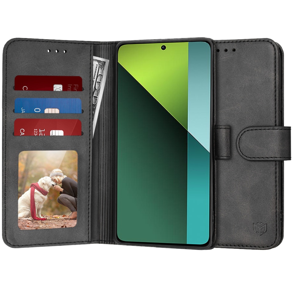 Husa pentru Xiaomi Redmi Note 13 Pro 5G / Poco X6, SKYDDAR INNOVATION, Diary Book, tip carte, cu Portofel Interior, Antisoc, Negru, set cu sticker