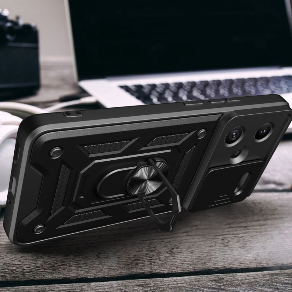 Husa pentru Xiaomi Redmi Note 13 Pro+ 5G, SKYDDAR INNOVATION, CamShield, Inel magnetic, set cu sticker, Negru - 1 | YEO