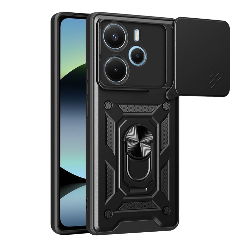 Husa pentru Xiaomi Redmi Note 14 4G cu inel magnetic si protectie camera CamShield cu sticker - Negru