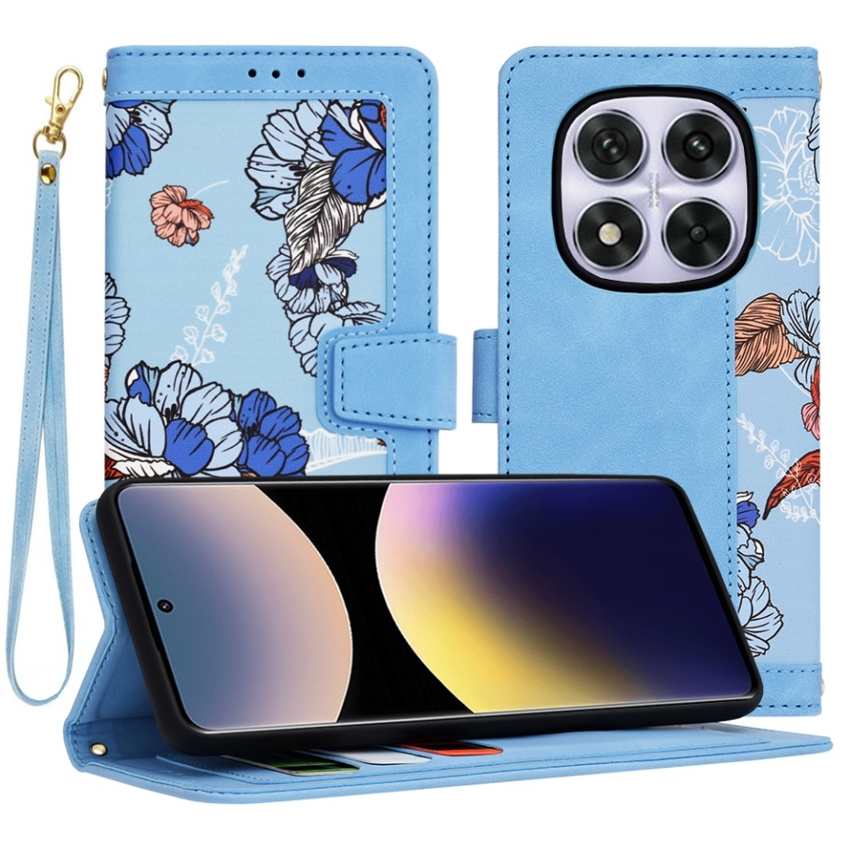 Husa pentru Xiaomi Redmi Note 14 Pro 5G / Poco X7, SKYDDAR INNOVATION, Flipcraft din Piele Ecologică, Stand Integrat, Buzunare pentru Carduri, set cu sticker, Bleu