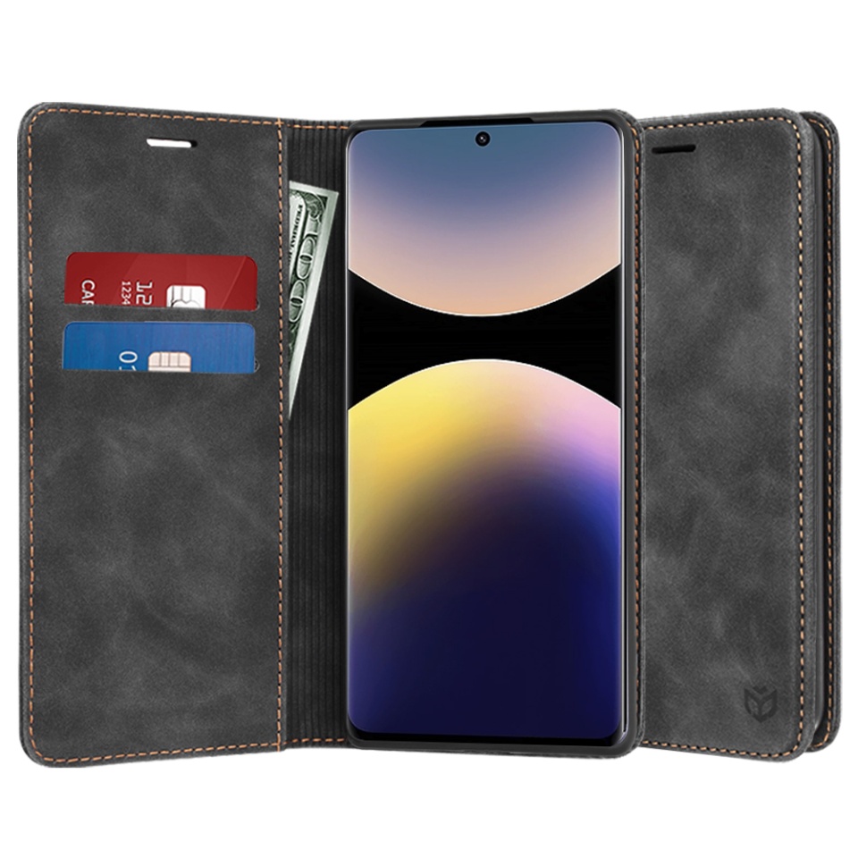 Husa pentru Xiaomi Redmi Note 14 Pro+ 5G / Redmi Note 14 Pro 5G / Poco X7, SKYDDAR INNOVATION, Soft Wallet, tip Carte din piele Eco Premium, cu Portofel Interior, Negru, set cu sticker