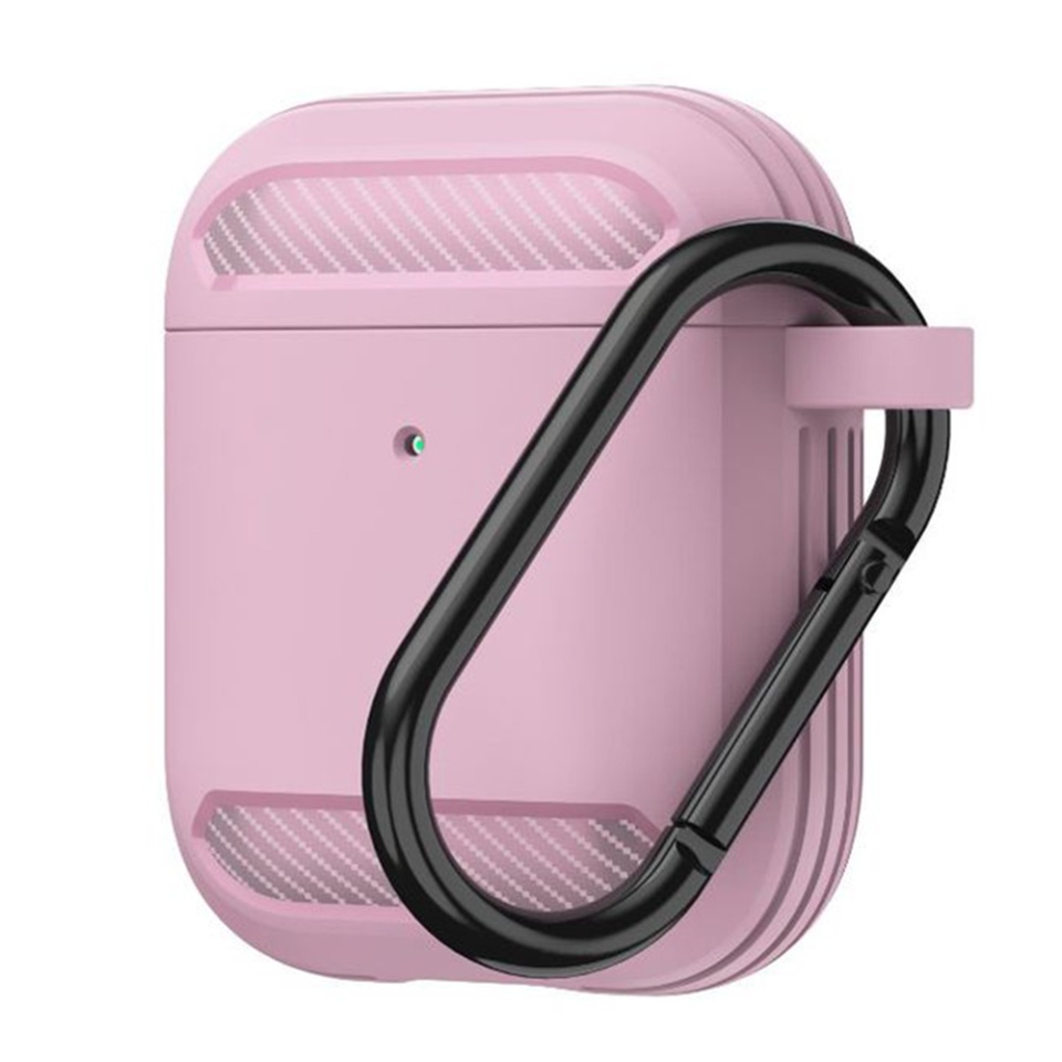 Husa Protectie pentru AirPods 1 / AirPods 2, din Fibra de Carbon Silicon, cu Breloc Carabina, Incarcare Wireless, EarSafe - Roz