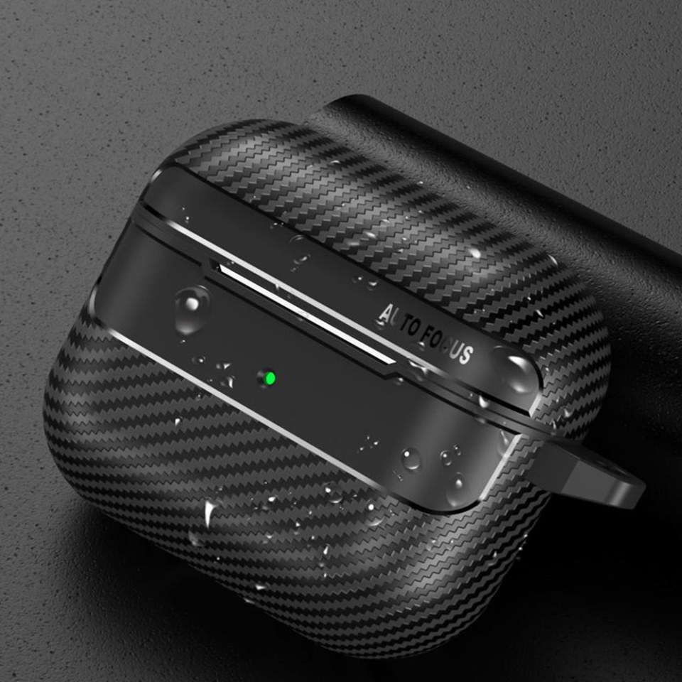 Husa Protectie pentru AirPods 3, din Fibra de Carbon, cu Breloc Carabina, Incarcare Wireless, EarSafe - Negru - 2 | YEO
