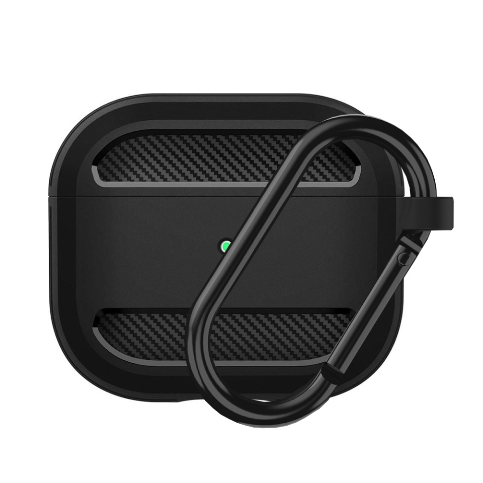 Husa Protectie pentru AirPods 3, din Fibra de Carbon Silicon, cu Breloc Carabina, Incarcare Wireless, EarSafe - Negru