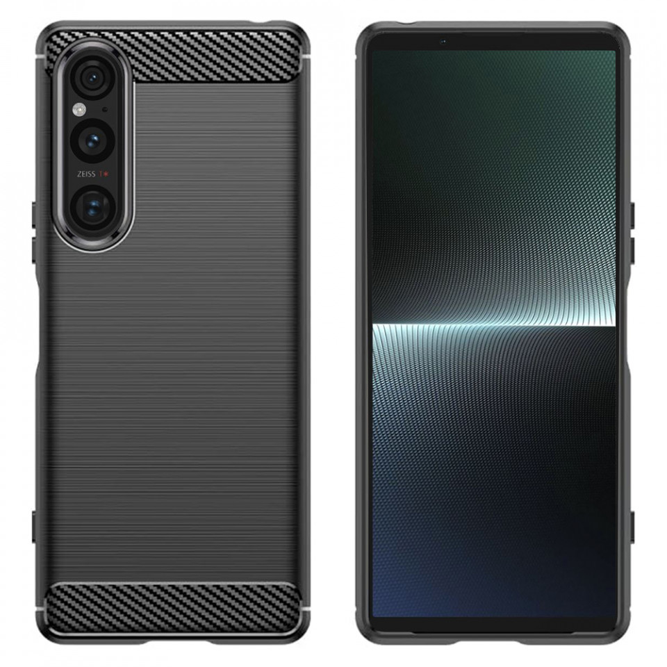 Husa Sony Xperia 1 V din silicon, Slim, cu textură Fibra Carbon - Negru