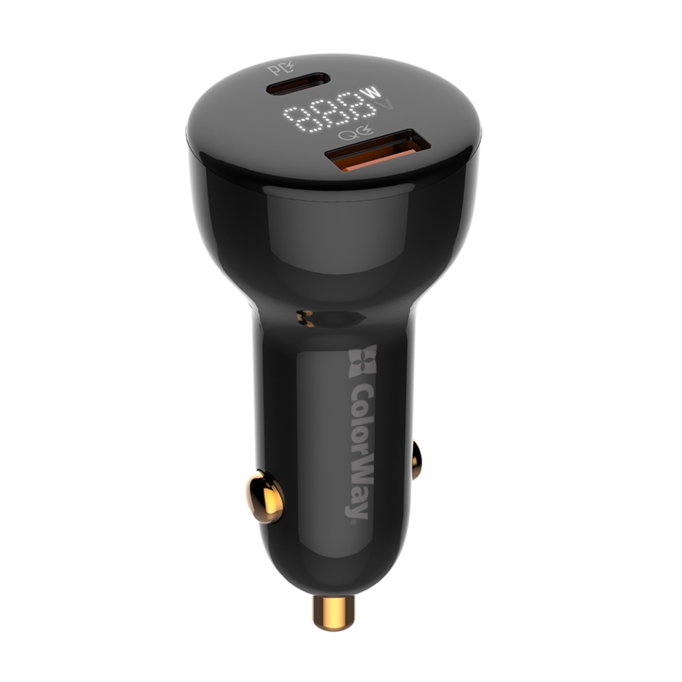 Încărcător Auto 100W, 1x Type-C, 1x USB-A, Super Fast Charge, afișaj LED, ColorWay CW-CHA044PD, Negru
