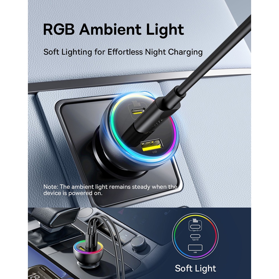 Încărcător Auto 152.5W, 2x Type-C, 1x USB-A, cablu USB-C inclus, iluminare RGB, Baseus C00036101111, Cluster Black - 3 | YEO