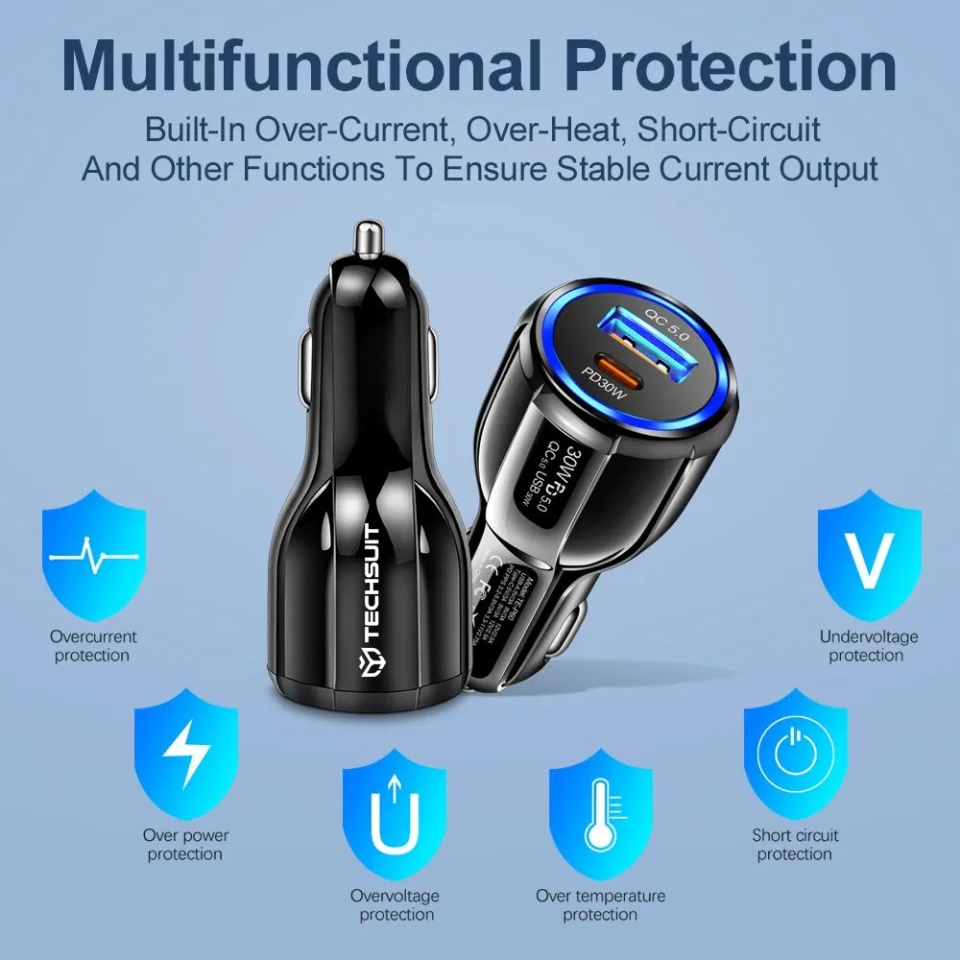 Incarcator auto Fast Charge, USB-C PD30W, Type-C PD30W, 60W, Techsuit TE-022 - Negru - 3 | YEO