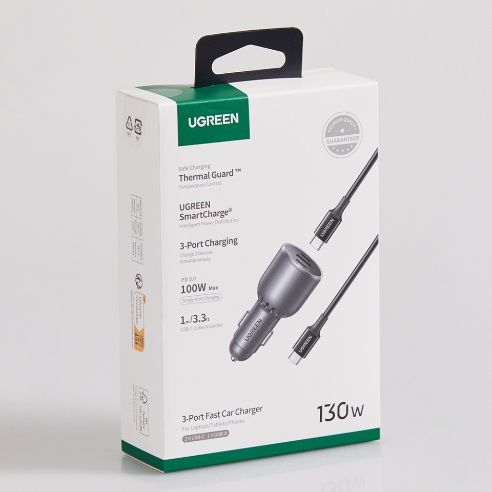 Incarcator Auto pentru Telefon, Laptop, Fast Charge, LED Light, 2x USB-C, USB, 130W, with Type-C Cable, Ugreen EC705, Gri - 3 | YEO