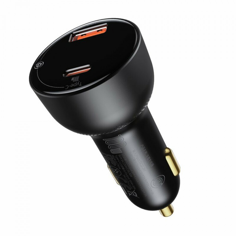 Incarcator Auto USB, Type-C, 100W, 5A + Cablu Type-C to Type-C - Baseus (TZCCZX-01) - Black - 1 | YEO