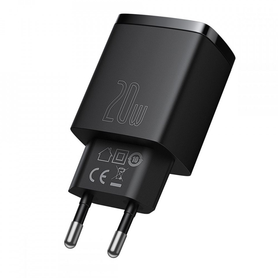 Incarcator priza Compact, USB-C, PD, 20W si USB-A, QC, 3A, Baseus (CCXJ-B01) - Negru