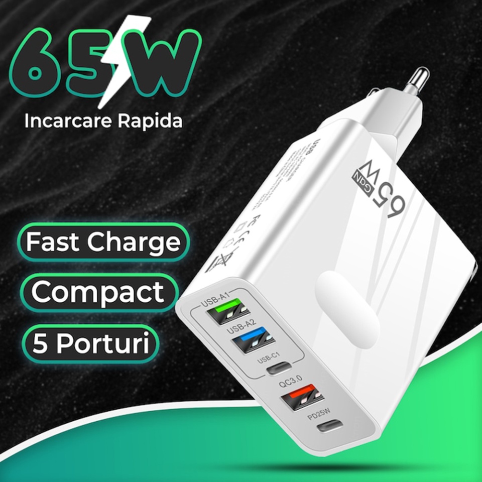 Incarcator Priza cu 5 porturi , Universal, 3x USB, 2x Type-C, Cablu Inclus, PD 25W, 65W, GaN, Techsuit PentaXPower (CHC1), Negru, set cu sticker - 3 | YEO