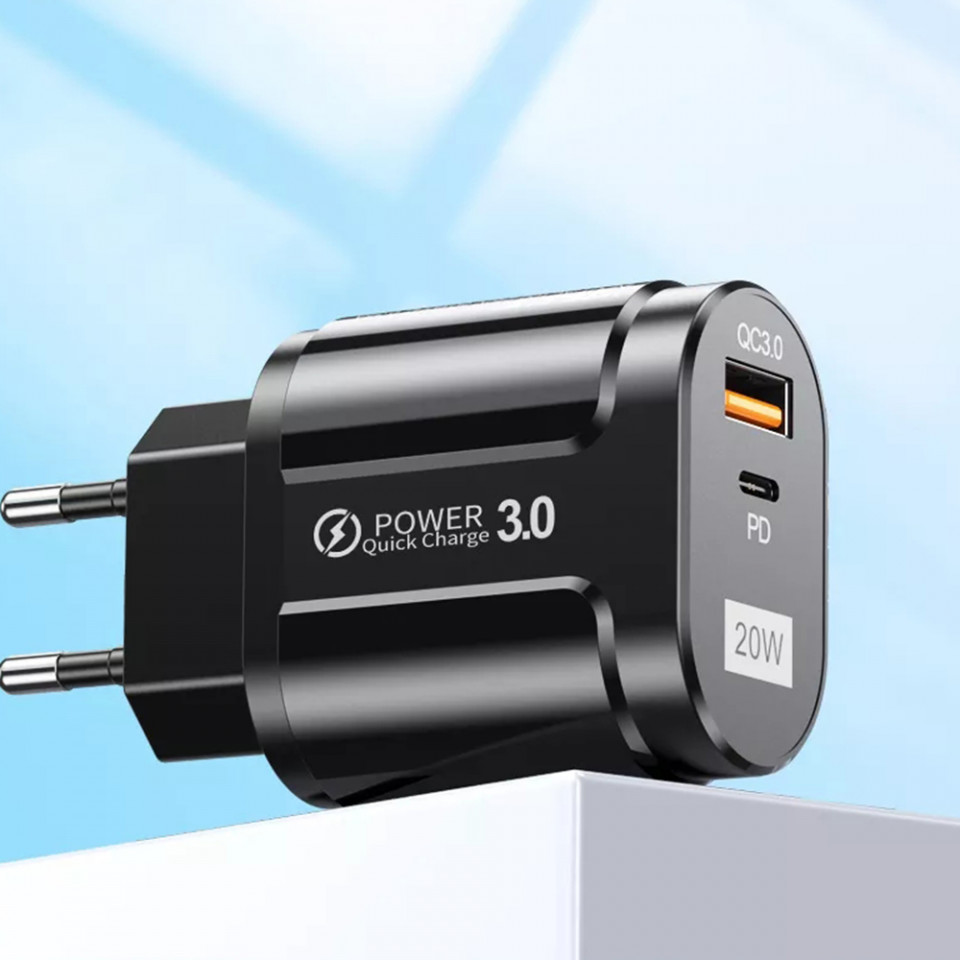 Incarcator priza QC 3.0, 20W, USB-A, USB-C, Techsuit Premium - Negru - 1 | YEO
