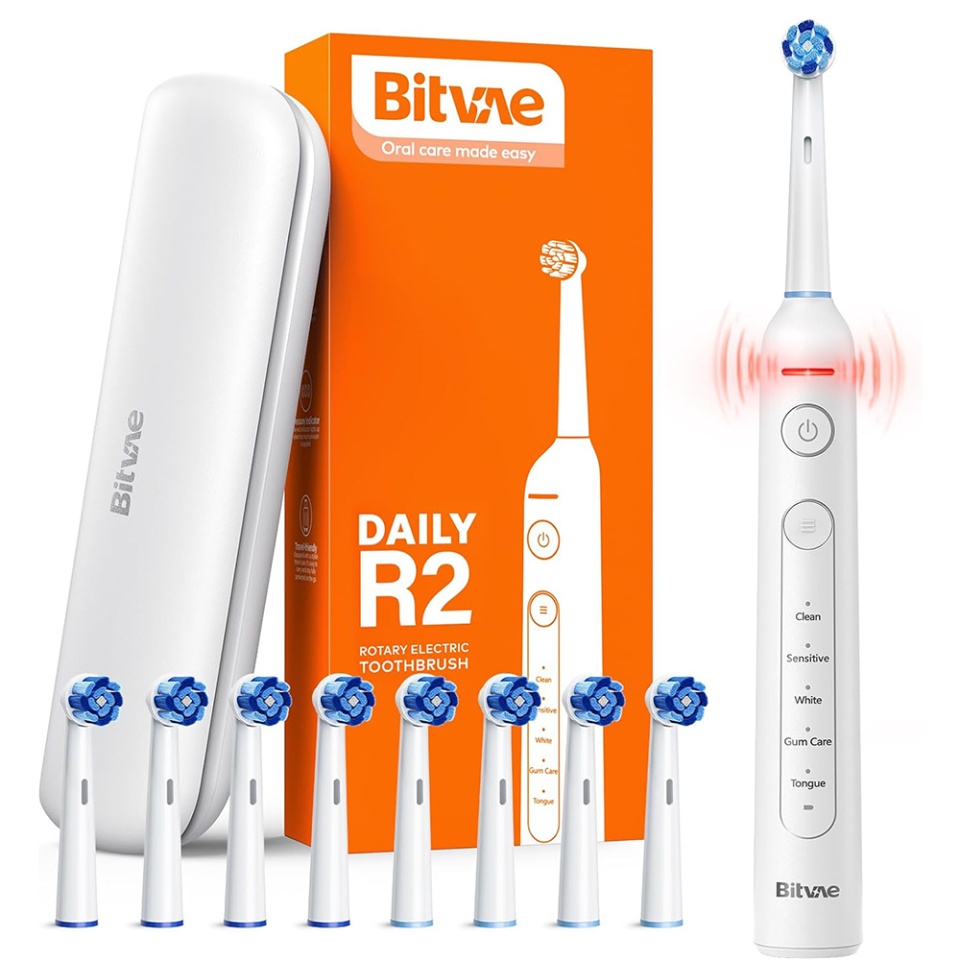 Periuta de dinti electrica Bitvae R2 cu cap rotativ, 8 capete de schimb, husa de calatorie, incarcare USB, autonomie 3 ore, BVR2, Alb