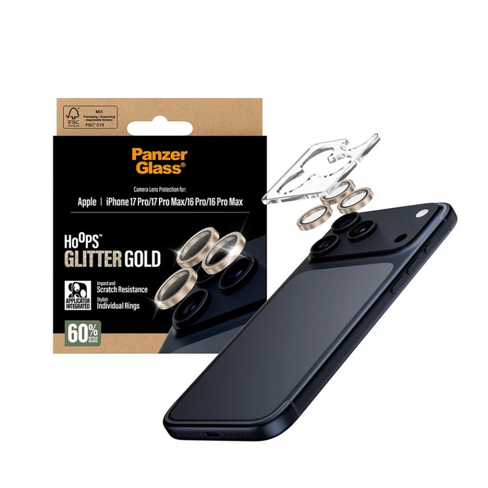 Protectie Camera pentru iPhone 16 Pro / 16 Pro Max / 17 Pro / 17 Pro Max, Hoops PanzerGlass®, cu Separare Optica, Sticla Securizata, Anti-Zgarieturi si Anti-Reflexie, Auriu - 3 | YEO