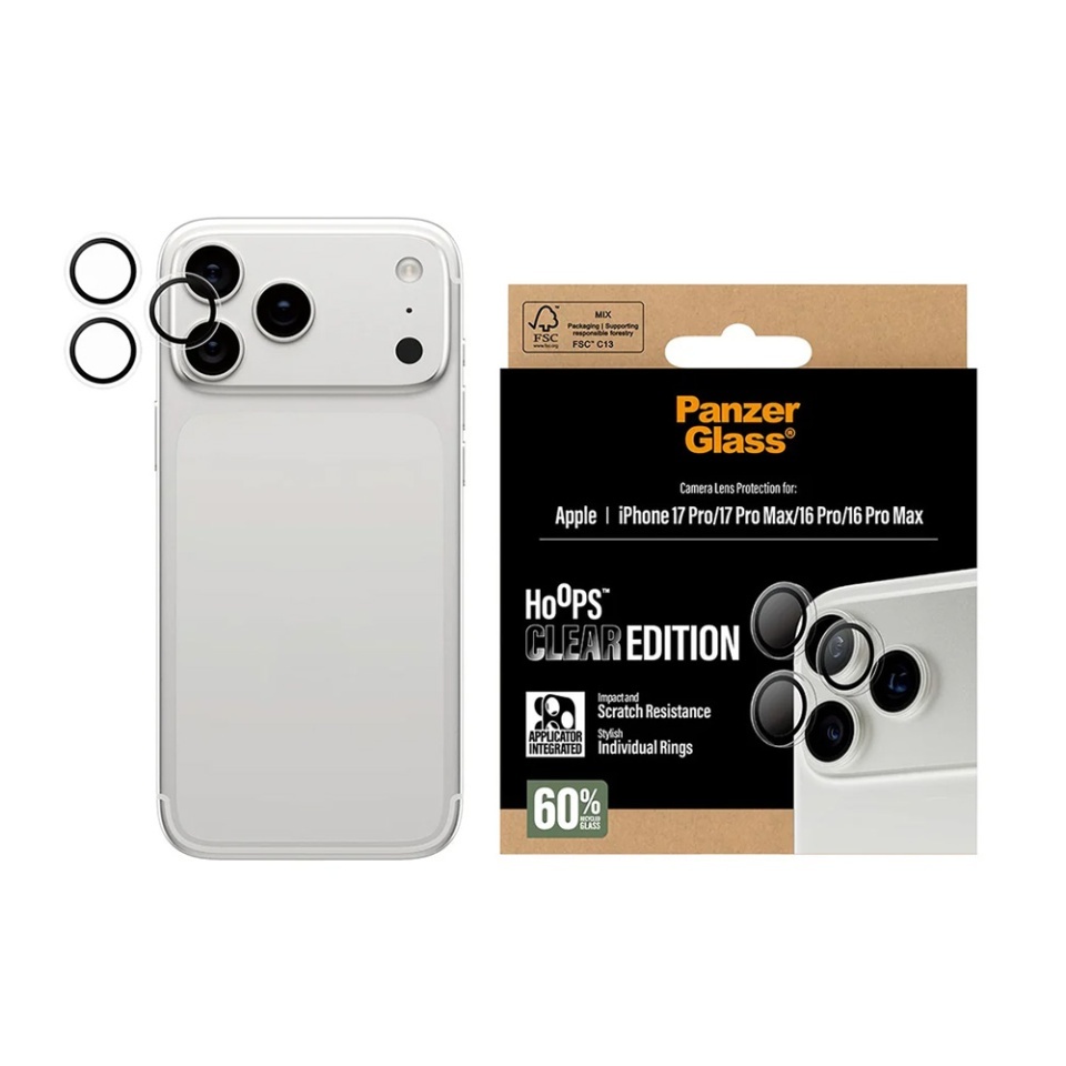 Protectie Camera pentru iPhone 17 Pro, Hoops PanzerGlass®, cu Separare Optica, Sticla Securizata, Anti-Zgarieturi si Anti-Reflexie, Transparenta