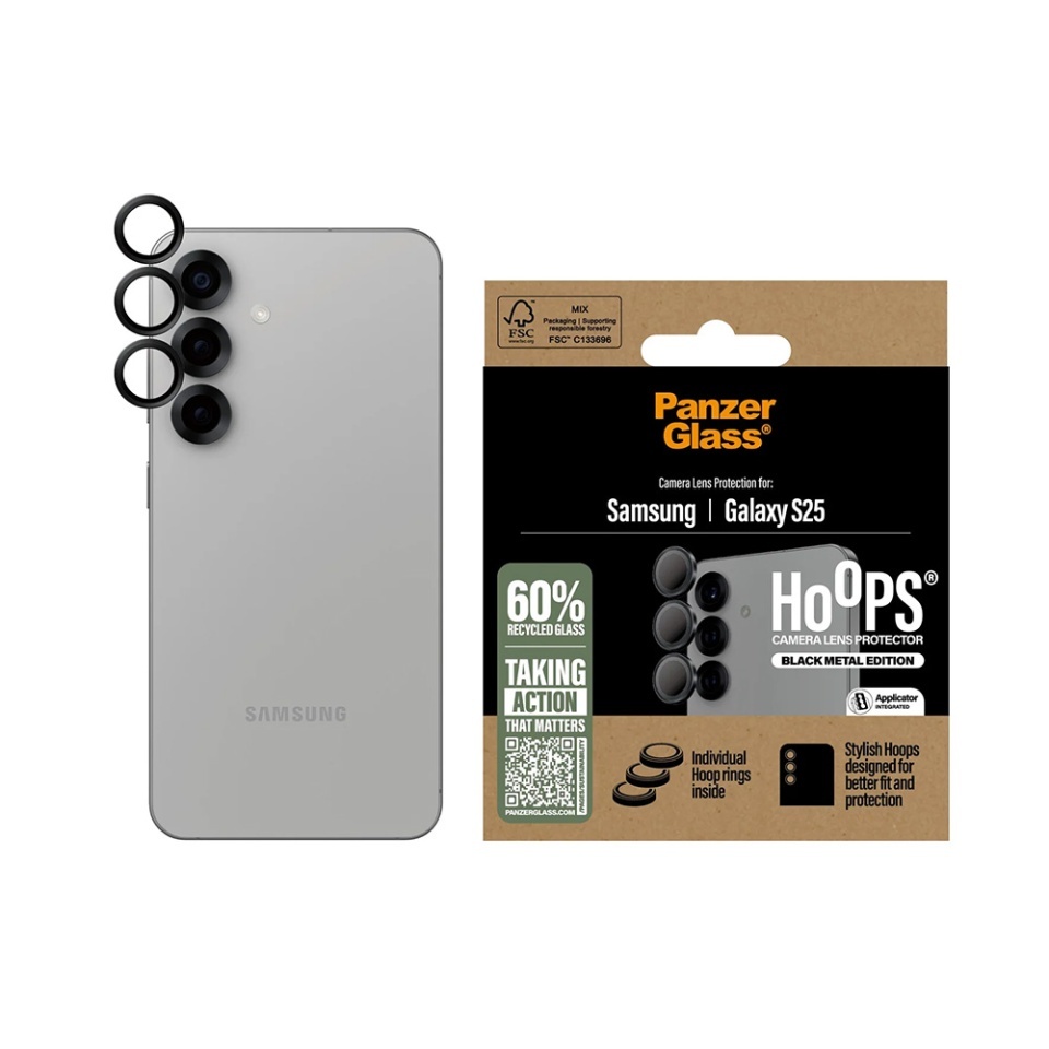 Protectie Camera pentru Samsung Galaxy S25, Hoops PanzerGlass®, cu Separare Optica, Sticla Securizata, Anti-Zgarieturi si Anti-Reflexie, Negru