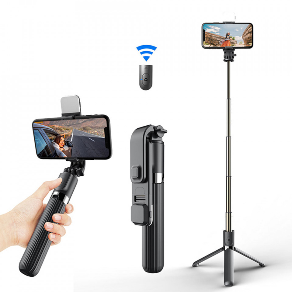 Selfie stick tip trepied cu telecomanda si Blit Led, 101cm, Techsuit (L0S3-BS) - Negru