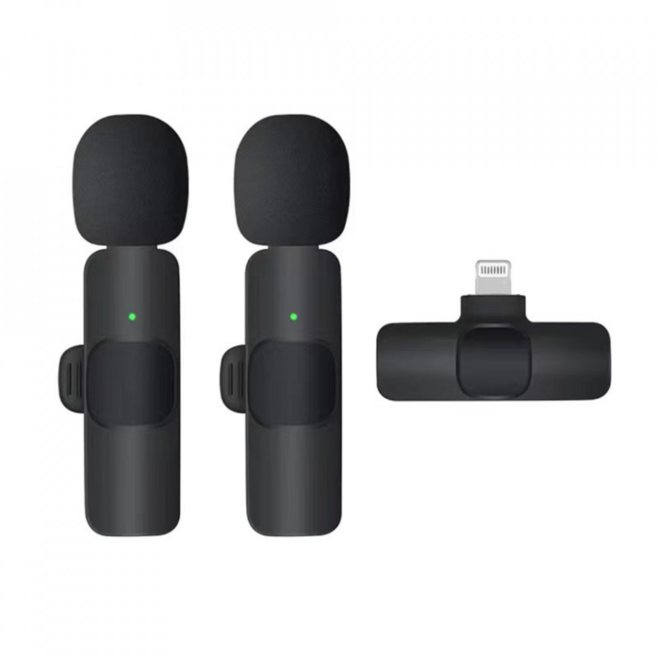 Set 2 Microfoane tip Lavaliera profesionala, Lightning, Bluetooth, plug & play, functie schimbare voce, Skyddar Vlog - Negru