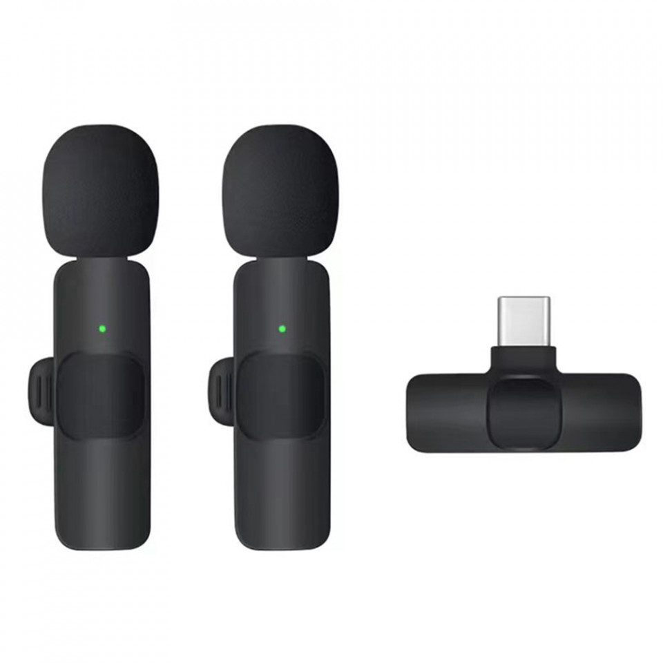 Set 2 Microfoane tip Lavaliera profesionala, Type-C, Bluetooth, plug & play, functie schimbare voce, Skyddar Vlog - Negru
