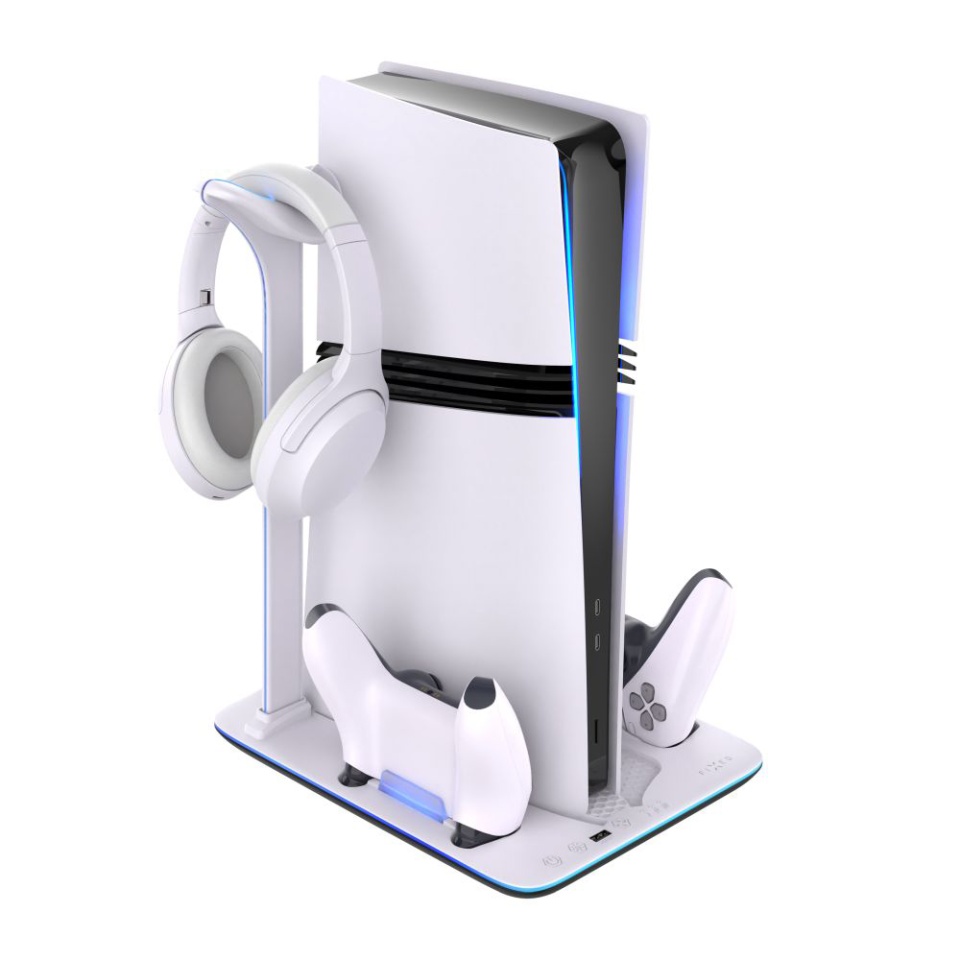 Stand Multifunctional PS5 FIXED FIXPS5PS-MCS-BW, Compatibil Pro/Slim, Incarcare 2 Controllere, Suport Casti, LED RGB, Alb/Negru