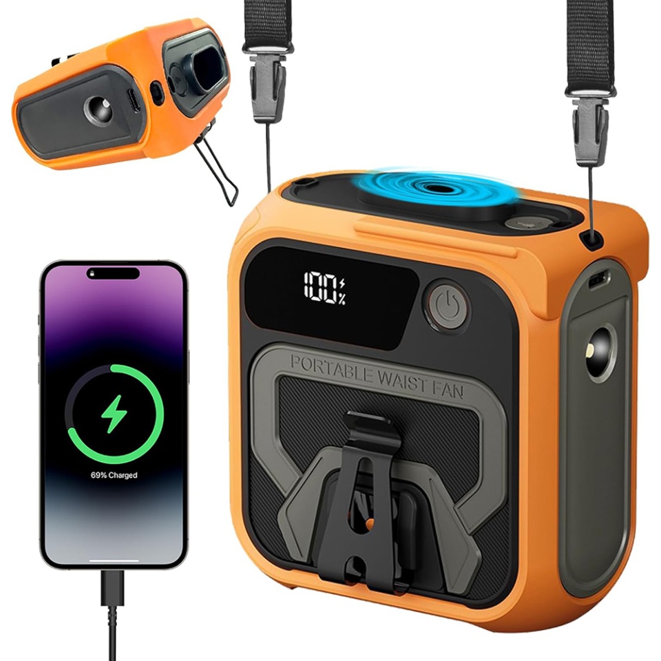 Ventilator Portabil Turbo Z13, 5 Viteze, 10000mAh, Incarcare Rapida, Suport Metalic, Lanterna si Power Bank, Portocaliu - 3 | YEO