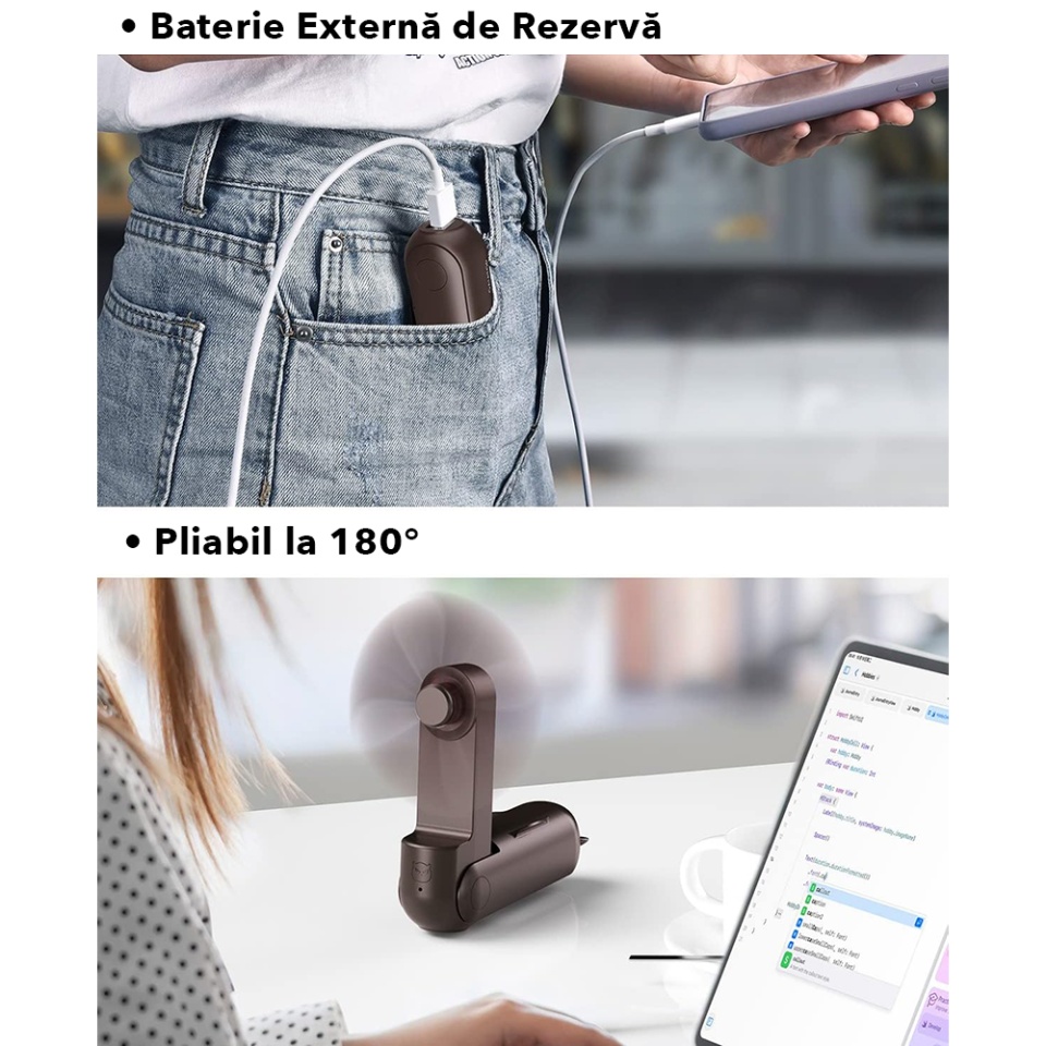 Ventilator Ultra Portabil 3 in 1, De Mână, De Birou, De Gât, 3 Trepte Viteza, Pliabil cu baterie Portabila 2000mAh, Autonomie 20h, SKDR AirMini - Maro - 3 | YEO