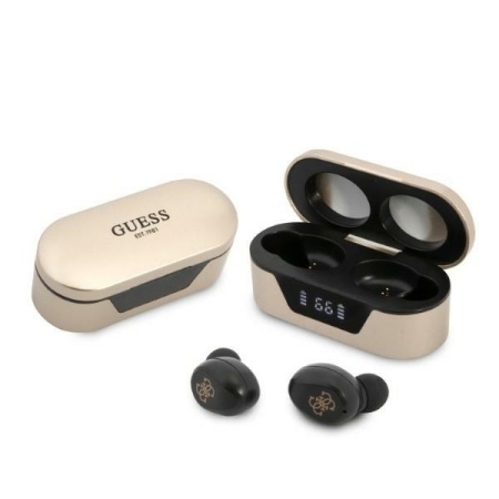 Casti Bluetooth Wireless, GUESS Wireless Earbuds GUTWST31, Casti fara Fir, Bluetooth 5.0, TWS, USB-C, cu dock de incarcare, Rezistente la Praf IPX4, Auriu