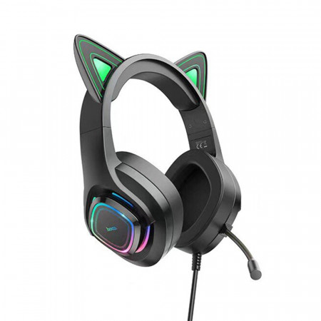 Casti Gaming Jack 3.5mm cu LED si Microfon, Hoco Cat Ears - Negru / Verde