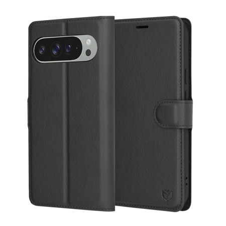 Husa pentru Google Pixel 9 Pro XL, SKYDDAR INNOVATION, Leather Folio tip Carte, cu Portofel Interior, Finisaje Premium, set cu sticker, Negru