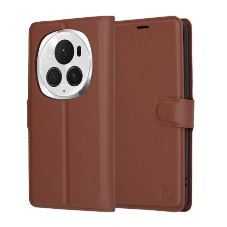 Husa pentru Honor Magic6 Pro, SKYDDAR INNOVATION, Leather Folio tip Carte, cu Portofel Interior, Finisaje Premium, set cu sticker, Maro