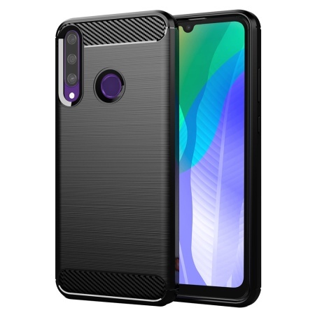 Husa pentru Huawei Y6p, SKYDDAR INNOVATION, Carbon Silicone, din Silicon Slim, cu textura Fibra Carbon, set cu sticker, Negru