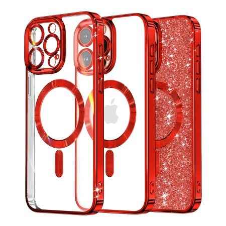 Husa pentru iPhone 12 Pro Max, SKYDDAR INNOVATION, Luxury Glitter Magsafe, Antisoc, Fundal Detasabil 2-in-1, Protectie Superioara, Margini Ridicate, Rosu, set cu sticker