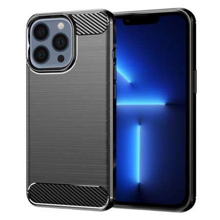 Husa pentru iPhone 13 Pro Max, SKYDDAR INNOVATION, Carbon Silicone, din Silicon Slim, cu textura Fibra Carbon, set cu sticker, Negru