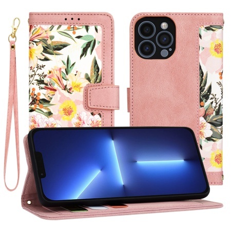Husa pentru iPhone 13 Pro Max, SKYDDAR INNOVATION, Flipcraft din Piele Ecologică, Stand Integrat, Buzunare pentru Carduri, set cu sticker, Roz