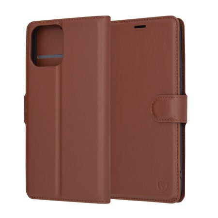 Husa pentru iPhone 13 Pro Max, SKYDDAR INNOVATION, Leather Folio, tip Carte, cu Portofel Interior, Finisaje Premium, Maro, set cu sticker