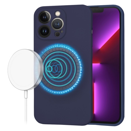 Husa pentru iPhone 13 Pro, SKYDDAR INNOVATION, din Silicon Catifelat, SoftFlex Magsafe, Bleumarin, set cu sticker