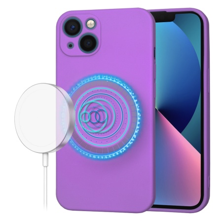 Husa pentru iPhone 13, SKYDDAR INNOVATION, din Silicon Catifelat, SoftFlex Magsafe, Mov, set cu sticker