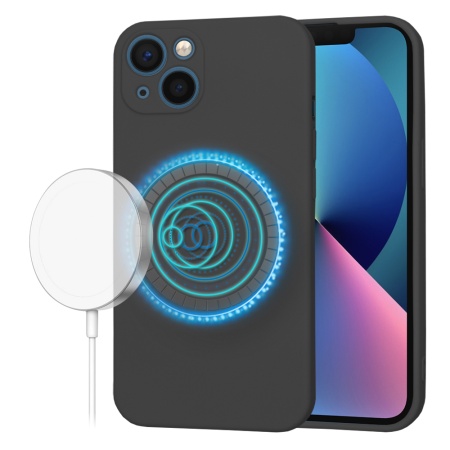 Husa pentru iPhone 13, SKYDDAR INNOVATION, din Silicon Catifelat, SoftFlex Magsafe, Negru, set cu sticker