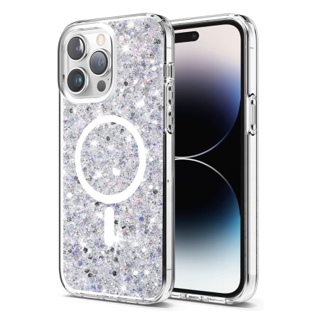Husa pentru iPhone 14 Pro, SKYDDAR INNOVATION, SparkleCase, din Silicon cu Sclipici, Protectie Completa, Alb, set cu sticker