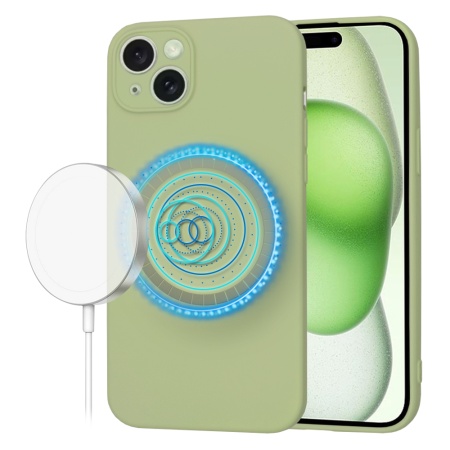 Husa pentru iPhone 15 Plus, SKYDDAR INNOVATION, din Silicon Catifelat, SoftFlex Magsafe, Verde, set cu sticker