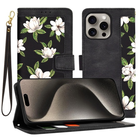 Husa pentru iPhone 15 Pro Max, SKYDDAR INNOVATION, Floral Wallet, din Piele Ecologică cu Design Floral, Protecție 360°, Stand Integrat, Buzunare pentru Carduri, Negru, set cu sticker