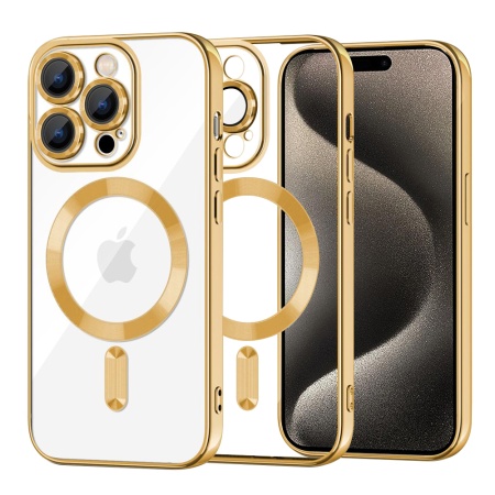 Husa pentru iPhone 15 Pro Max, SKYDDAR INNOVATION, Luxury Shield Magsafe, Protectie Antisoc, Auriu, set cu sticker