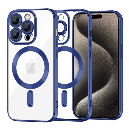 Husa pentru iPhone 15 Pro Max, SKYDDAR INNOVATION, Luxury Shield Magsafe, Protectie Antisoc, Albastru, set cu sticker