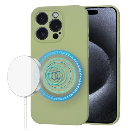Husa pentru iPhone 15 Pro, SKYDDAR INNOVATION, din Silicon Catifelat, SoftFlex Magsafe, Verde, set cu sticker