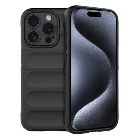 Husa pentru iPhone 15 Pro, SKYDDAR INNOVATION, Magic Shield, din Silicon Mat, set cu sticker, Negru