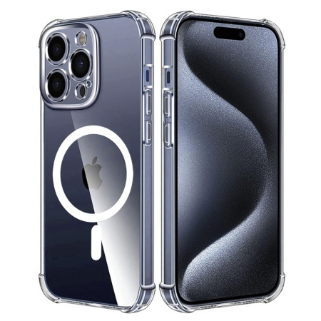 Husa pentru iPhone 15 Pro, SKYDDAR INNOVATION, Shockproof MagSafe din silicon, set cu sticker, Transparenta