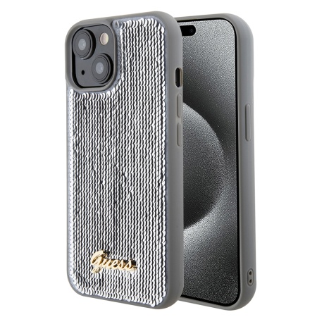 Husa pentru iPhone 15, Sequin Script Metal, Guess - Argintiu